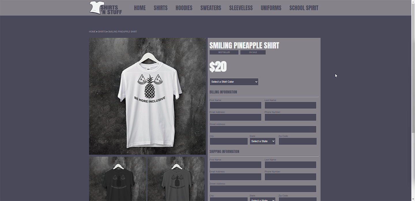 Shirts N' Stuff Checkout Form