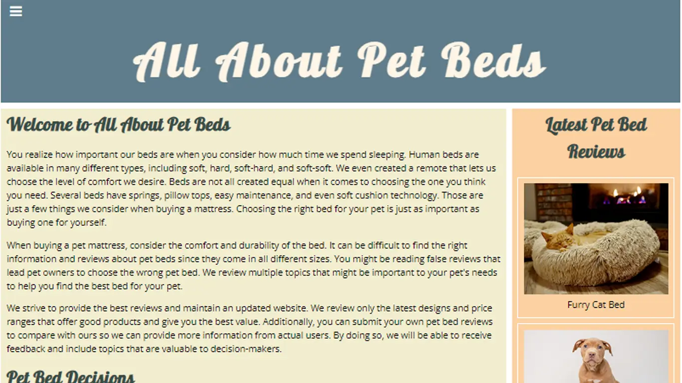 All About Pet Beds website homepage featuring a clean design with green accents, showcasing metal building options and services.
