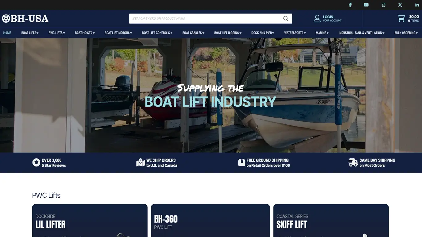BH USA website homepage showcasing a modern industrial design with bold blue accents and clear navigation menus.