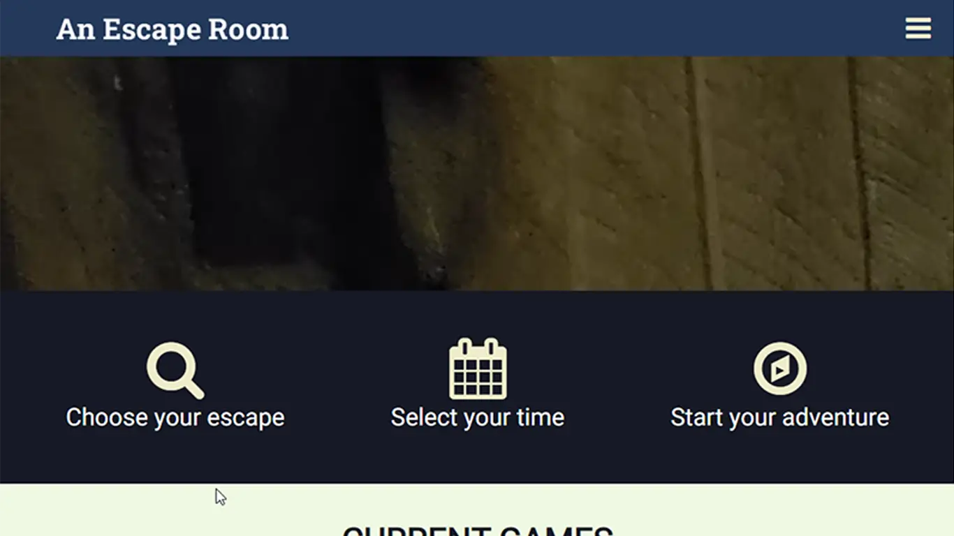 Escape room website design featuring immersive visuals and interactive booking functionality.