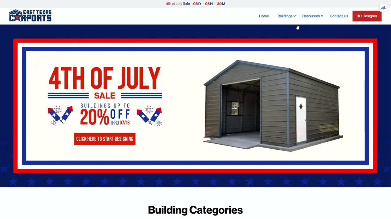 East Texas Carports website showcasing custom metal buildings with optimized design and SEO integration.