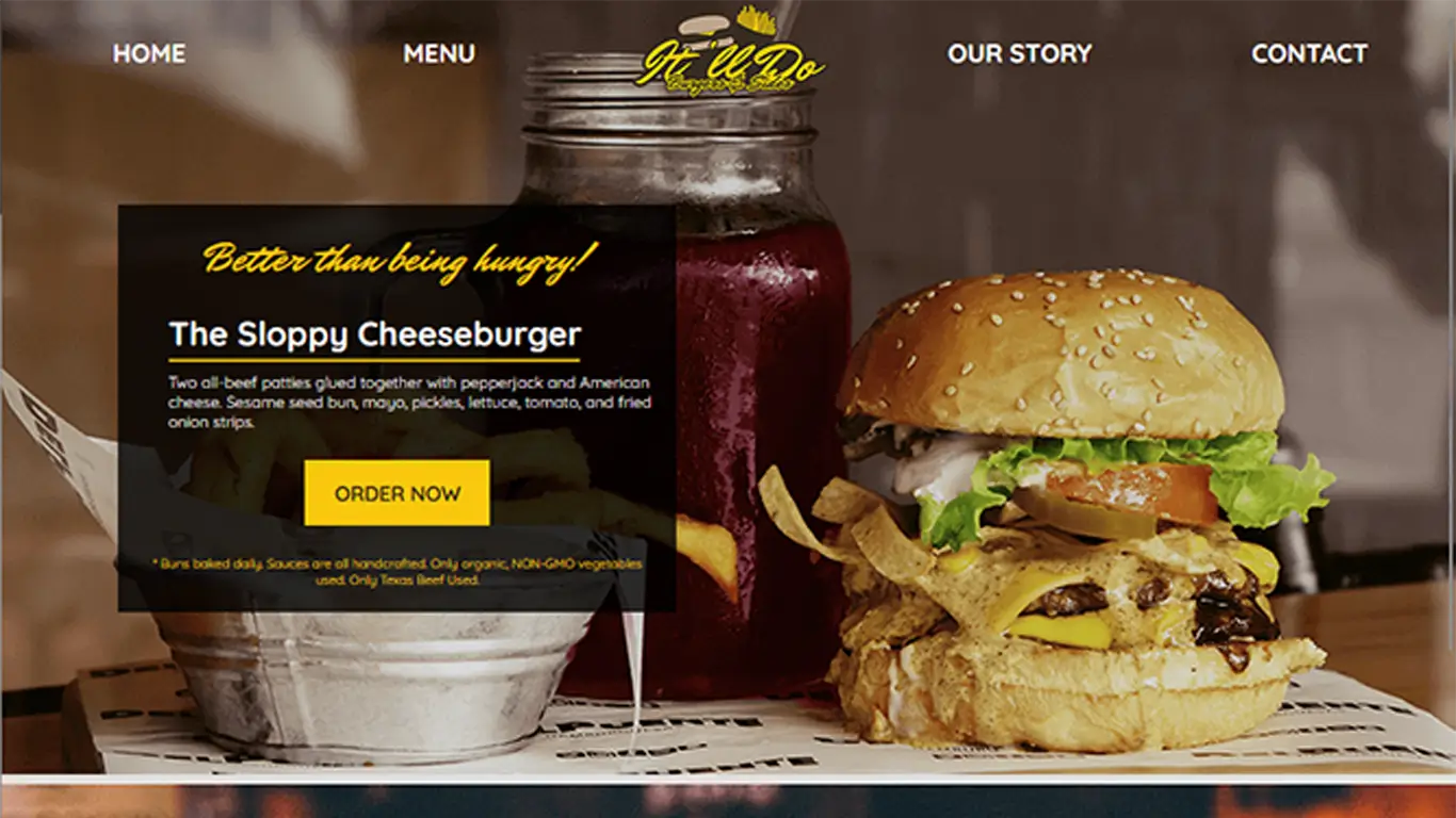 It’ll Do Burgers college web design project showcasing responsive layout, UI/UX design, and branding.