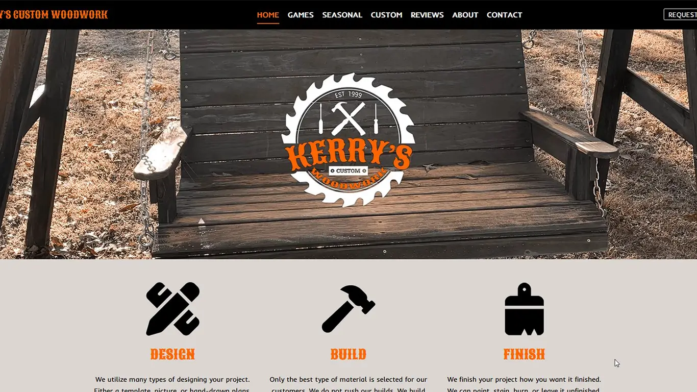 Responsive woodworking website for KCW, featuring Harley-inspired branding and custom saw blade logo.