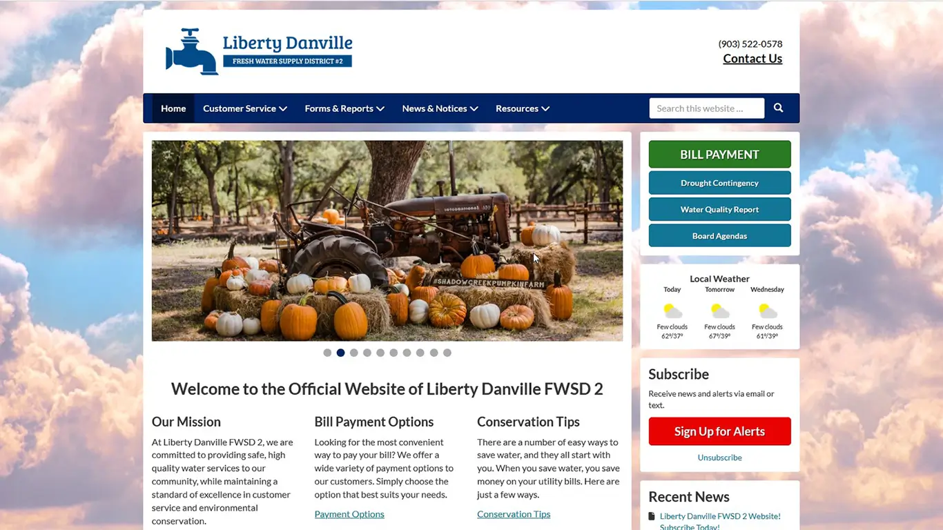 Liberty-Danville Rural Water website with custom branding, logo digitization, and online bill pay integration.