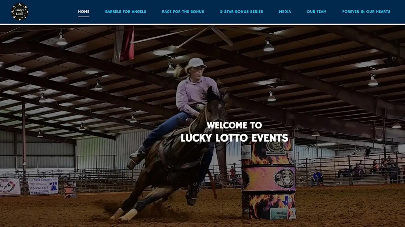 Lucky Lotto Events website homepage featuring a bright, colorful design with lottery-themed graphics and easy navigation.