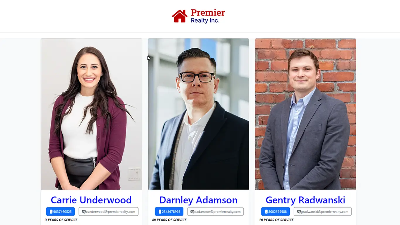 Premier Realty Inc. website built with Python and Django, showcasing agent listings and Bootstrap styling.