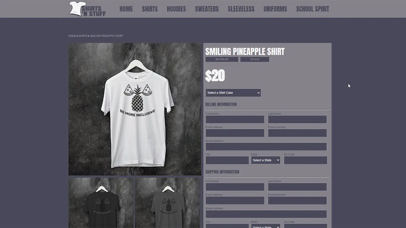Checkout page web design for Shirts N' Stuff showcasing form handling and JavaScript functionality.